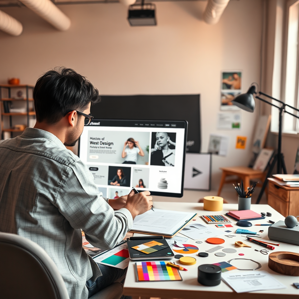 A photorealistic image of a designer working on a website design mockup. The setting is a bright and modern design studio with various design elements scattered around. The lighting is soft and diffused, creating a sense of creativity and customization. The color palette consists of neutral tones with pops of color to represent the brand's identity. The camera angle is a medium shot focusing on the designer's work on the mockup. Texture details should emphasize the precision and care taken in crafting a visually appealing website. Relevant props include design tools, color palettes, and brand guidelines. Style reference: A blend of lifestyle photography and design industry aesthetics. Technical specs: High resolution, detailed rendering with a focus on capturing the human element.