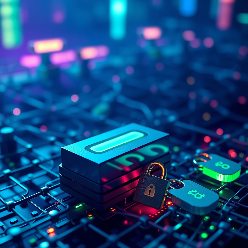 A photorealistic image of a smart contract being deployed on a blockchain network. The subject is a digital representation of a contract being executed, with cryptographic keys and data flowing across a blockchain network. The lighting is dramatic, highlighting the security and transparency of the process. The color palette is a blend of blues, greens, and purples to represent technology, security, and trust. The camera angle is a close-up shot focusing on the contract execution. Texture details should emphasize the cryptographic nature of the process. Relevant props include stylized representations of data packets and cryptographic keys. Style reference: Cyberpunk aesthetics with a focus on security and technology. Technical specs: High resolution, detailed rendering with a focus on visual clarity.