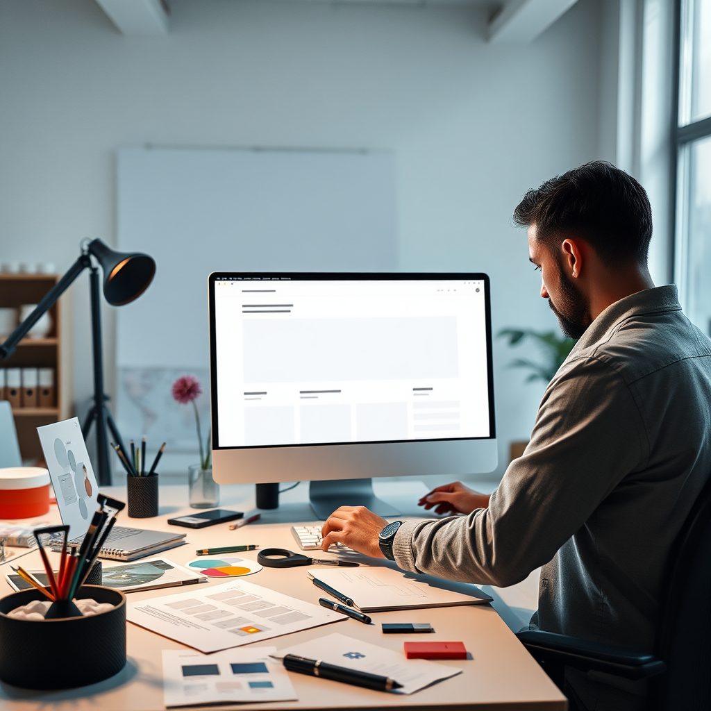 A photorealistic image of a website wireframe being customized to fit a specific brand's aesthetic. The setting is a bright and modern design studio with various design elements scattered around. The lighting is soft and diffused, creating a sense of creativity and customization. The color palette consists of neutral tones with pops of color to represent the brand's identity. The camera angle is a medium shot focusing on the designer's work on the wireframe. Texture details should emphasize the precision and care taken in crafting a unique website. Relevant props include design tools, color palettes, and brand guidelines. Style reference: A blend of lifestyle photography and design industry aesthetics. Technical specs: High resolution, detailed rendering with a focus on capturing the human element.